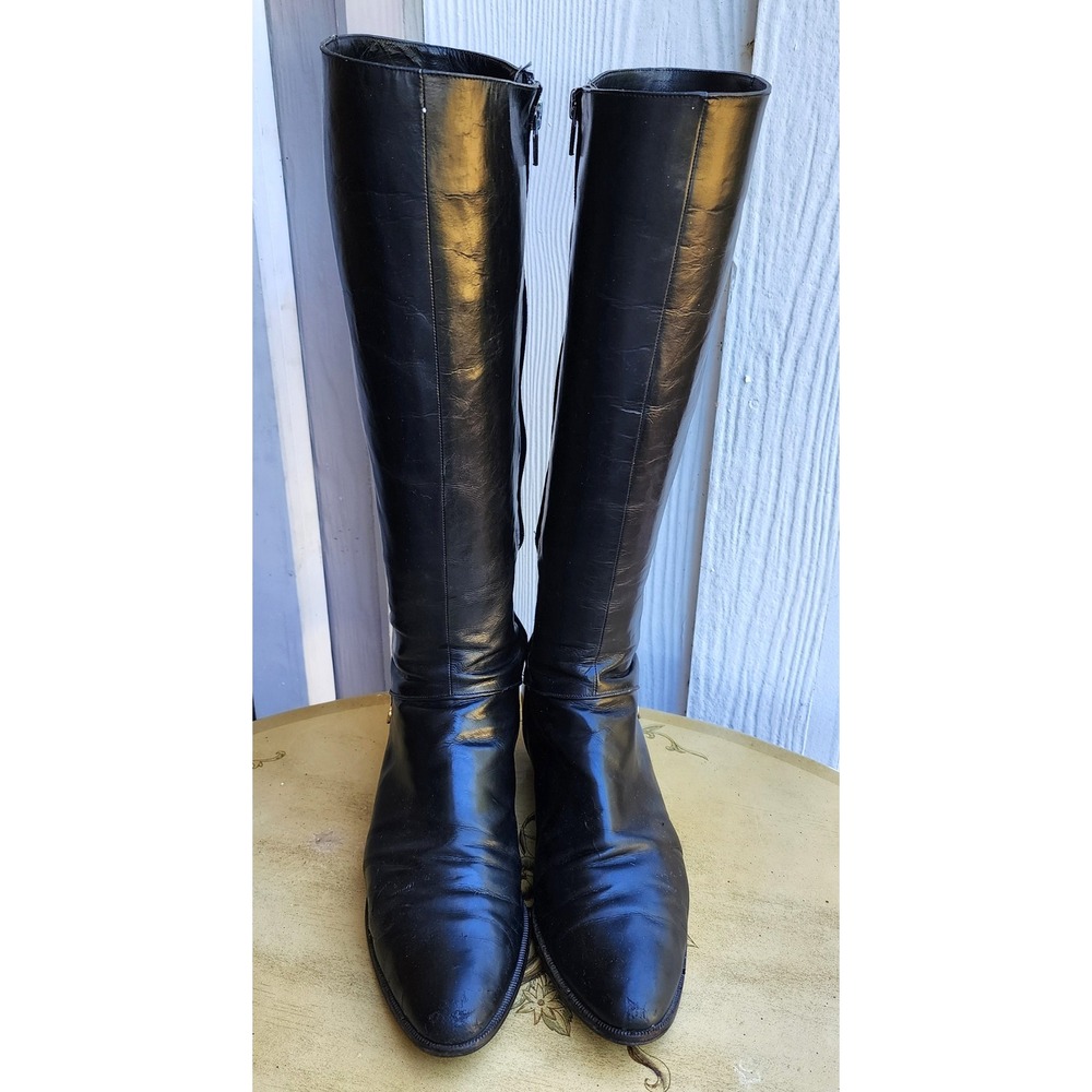Vintage Salvatore Ferragamo Sz 7 Black Leather Riding Boots Made in Italy Preppy - Picture 2 of 14